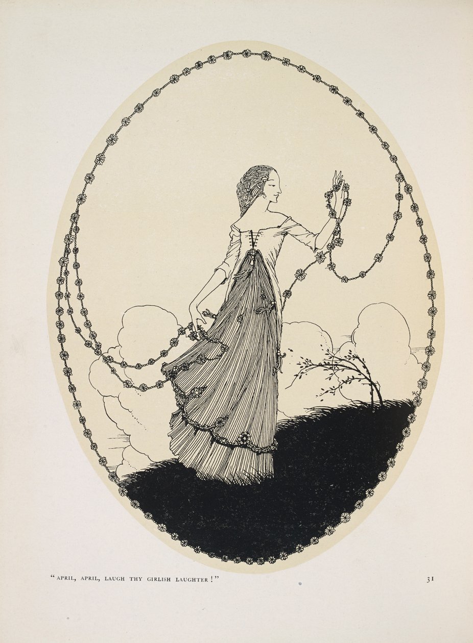 Kwiecień. „Kwiecień, kwiecień, śmiej się swoim dziewczęcym śmiechem!” autorstwa Harry Clarke
