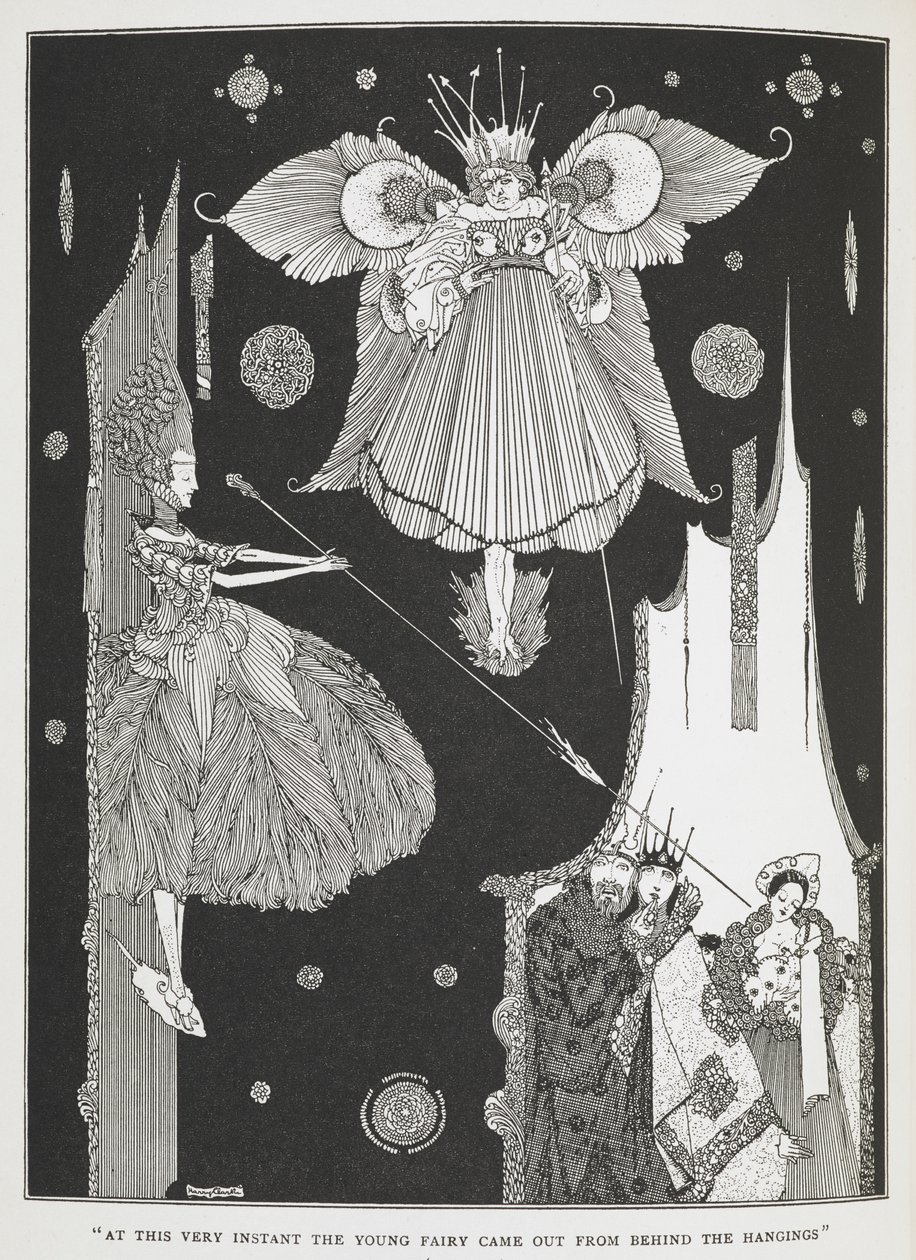 „W tej samej chwili zza zasłon wyszła młoda wróżka”. Ilustracja do opowiadania „Śpiąca królewna w lesie”. autorstwa Harry Clarke
