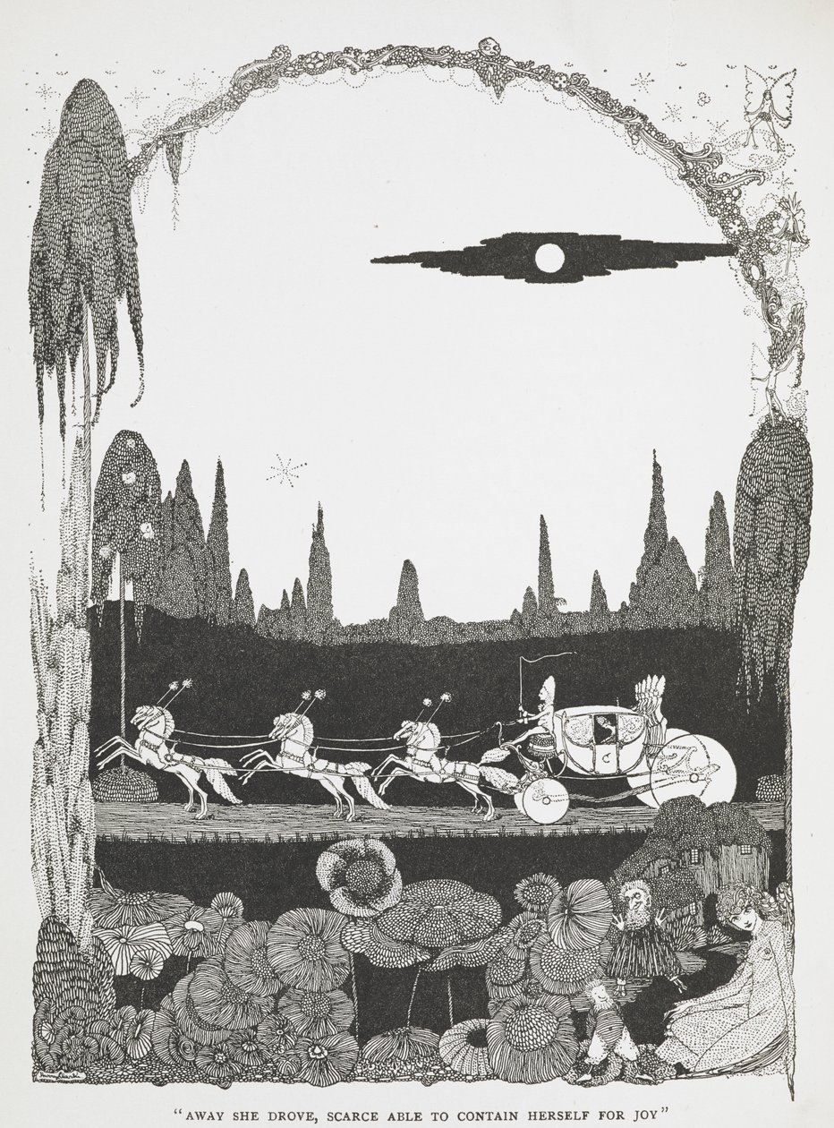 „Odjechała, nie mogąc powstrzymać się od radości”. Ilustracja do opowiadania „Kopciuszek, czyli szklany pantofelek”. autorstwa Harry Clarke