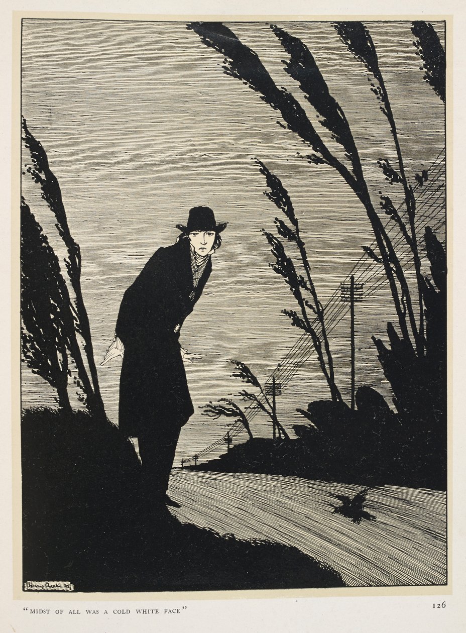 Czarny i biały. „Pośród wszystkiego była zimna, biała twarz”. Mężczyzna ubrany na czarno; rząd słupów telegraficznych. autorstwa Harry Clarke