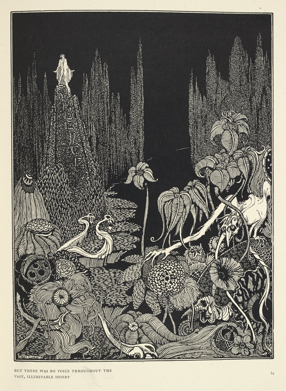 „Ale na rozległej, nieograniczonej pustyni nie było głosu”. Ilustracja do filmu „Cisza – bajka”. autorstwa Harry Clarke