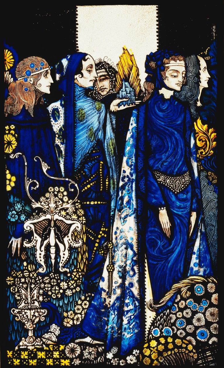 Etain, Helen, Maeve i Fand, czuła ręka Złotej Deirdre. "Królowe", dziewięć szklanych tafli kwasowanych, bejcowanych i malowanych, Ilustruje wiersz J.M. Synge