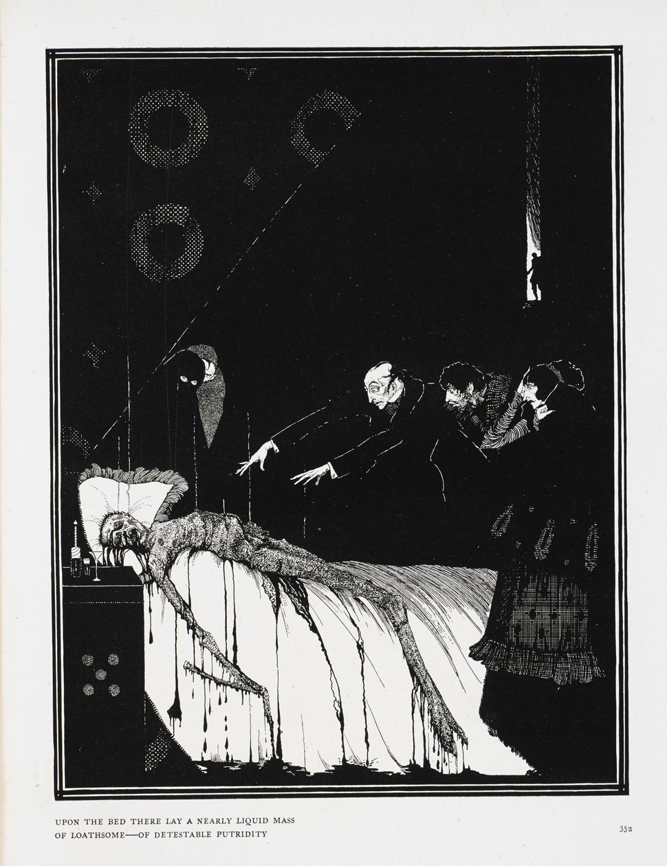 Z łóżka leżała prawie płynna masa obrzydliwej, obrzydliwej zgnilizny. Ilustracja do opowiadania, „Fakty w sprawie M. Valdemara”. autorstwa Harry Clarke