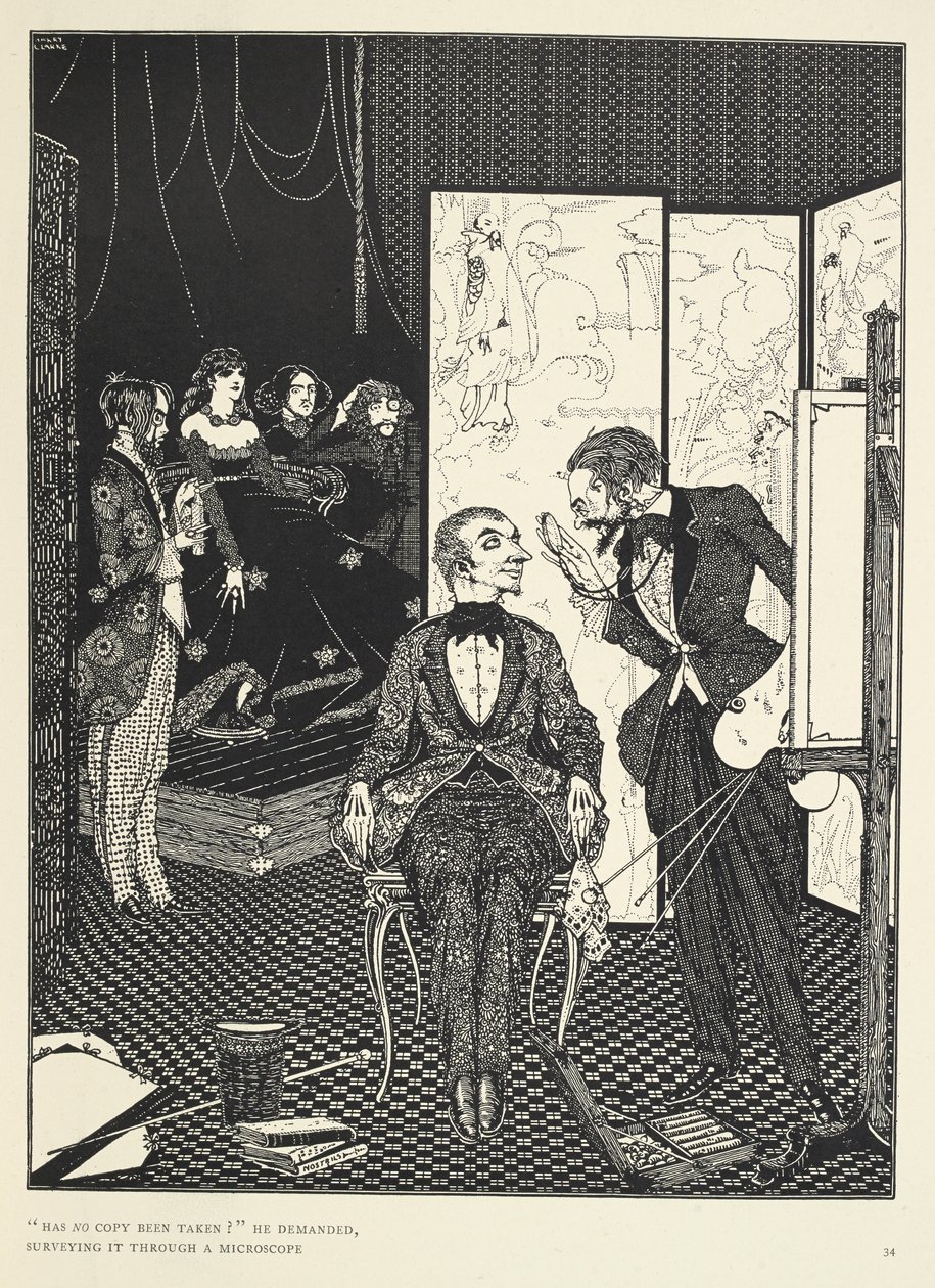 „Czy nie zrobiono żadnej kopii?” – zapytał, oglądając go przez mikroskop. Ilustracja do opowiadania „Diabeł w dzwonnicy”. autorstwa Harry Clarke