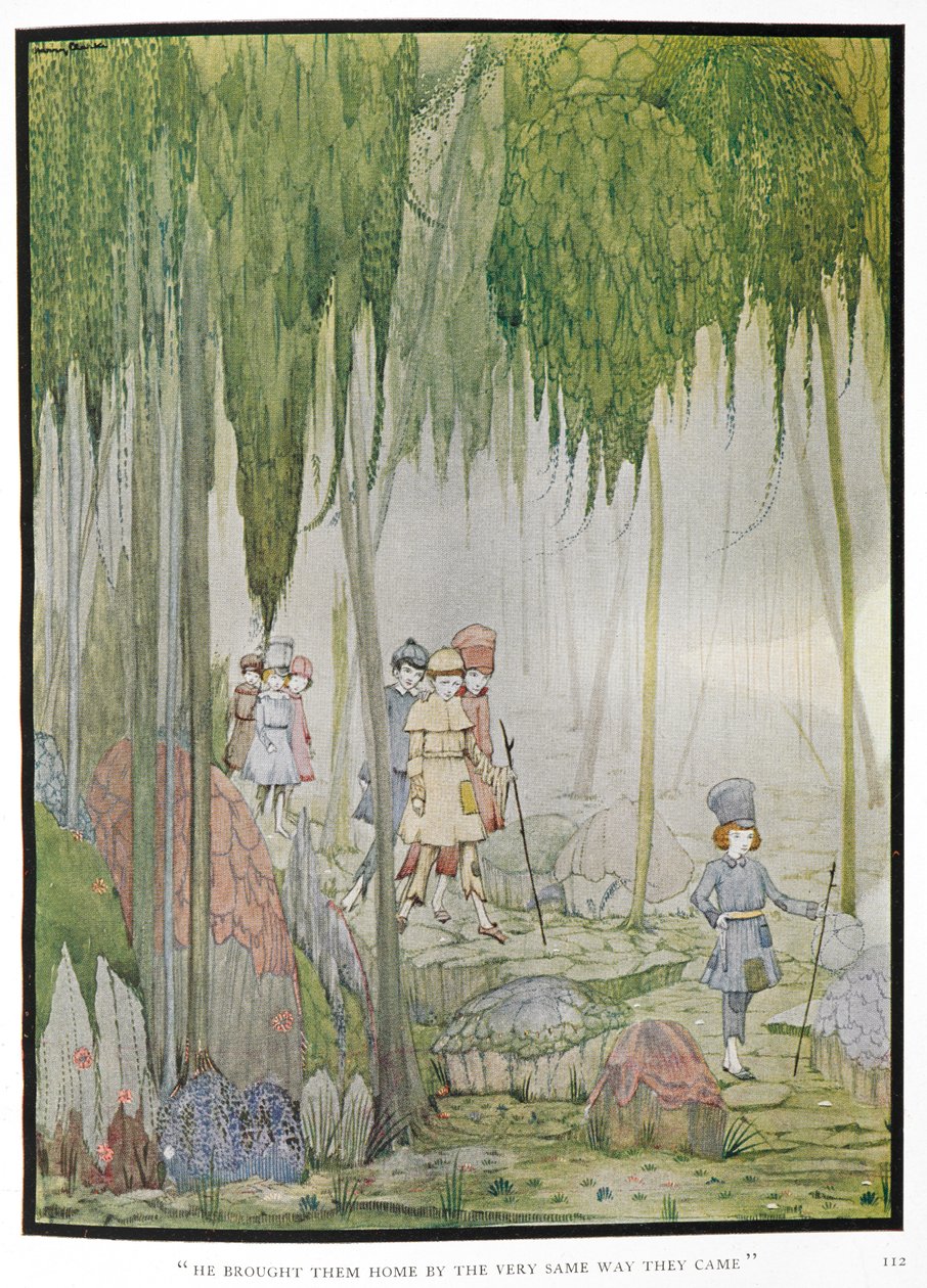 „Przyprowadził ich do domu tą samą drogą, którą przyszli”. Ilustracja do opowiadania „mały kciuk”. Dzieci w lesie. autorstwa Harry Clarke