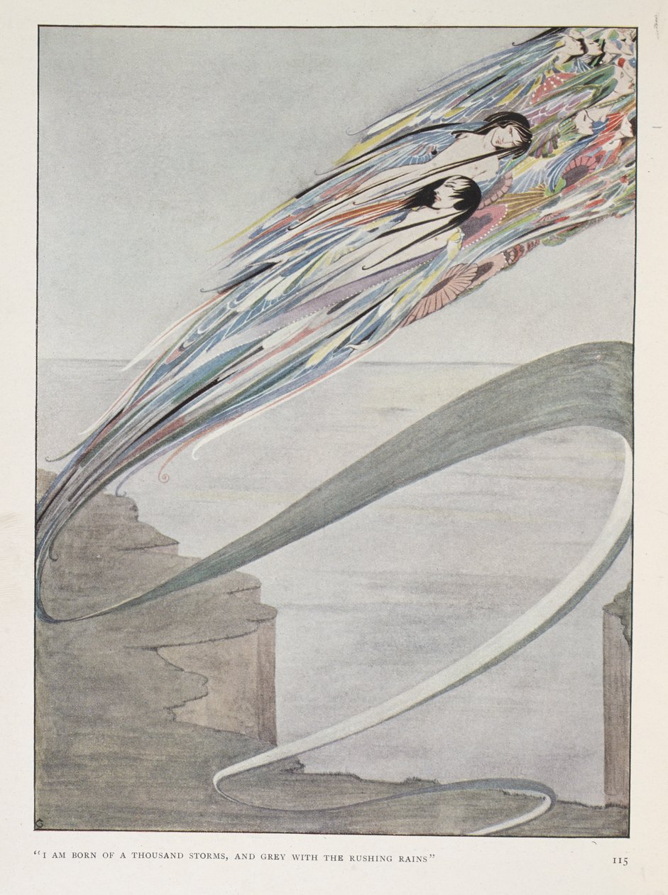 „Narodziłem się z tysiąca burz i szary od ulewnych deszczy”. Z nagłówka rozdziału: „Wszystko jest duchem i częścią mnie”. autorstwa Harry Clarke