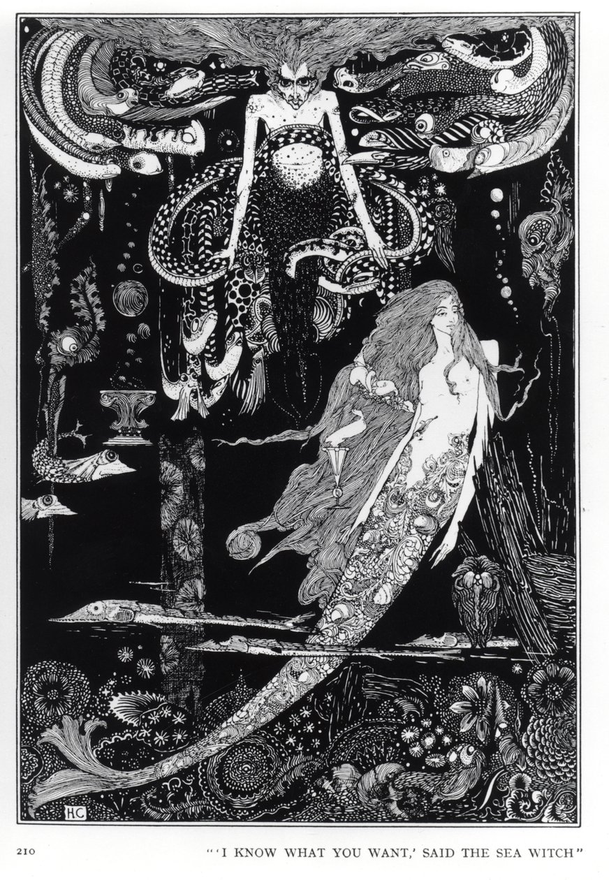 „Wiem, czego chcesz” powiedziała morska wiedźma, ilustracja do „Małej Syrenki” z Bajek Hansa Christiana Andersena (1805-75), ok. 1910 autorstwa Harry Clarke