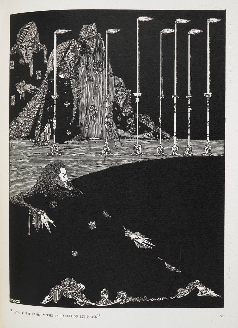 „Widziałem, jak kształtowali sylaby mojego imienia”. Ilustracja do opowiadania „Dół i wahadło”. autorstwa Harry Clarke