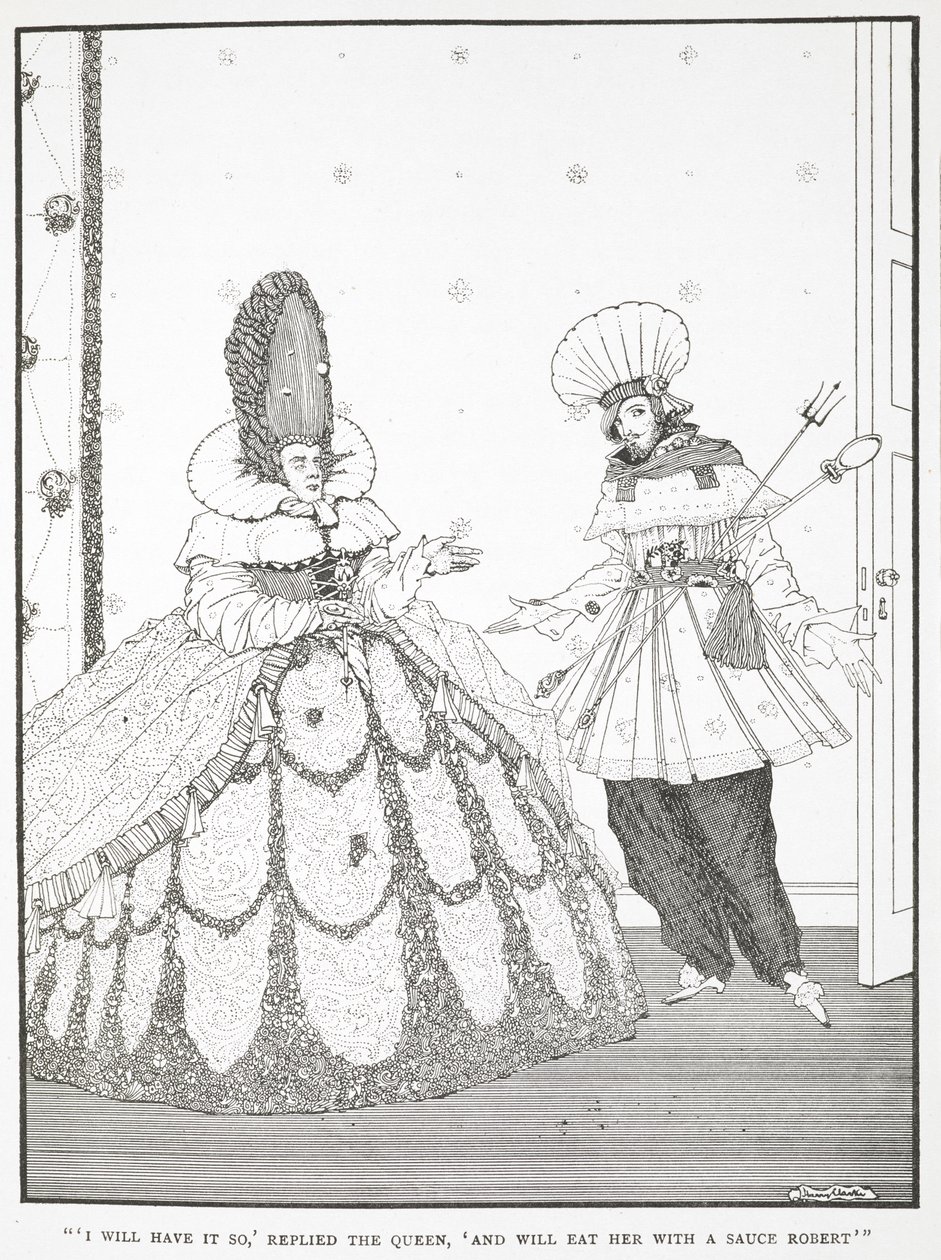 „Tak zrobię” – odpowiedziała królowa – „i zjem ją z sosem Robert”. Ilustracja do opowiadania „Śpiąca królewna w lesie”. autorstwa Harry Clarke
