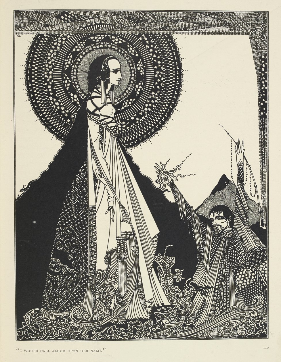 „Wzywałbym głośno jej imię.” Ilustracja przedstawiająca Ligeię, opowiadanie. „Ligeia” to opowiadanie Edgara Allana Poe. Fabuła opowiada o anonimowym narratorze i jego żonie Ligei, pięknej i inteligentnej kobiecie o kruczowłosych włosach. Zachoruje, komponu autorstwa Harry Clarke