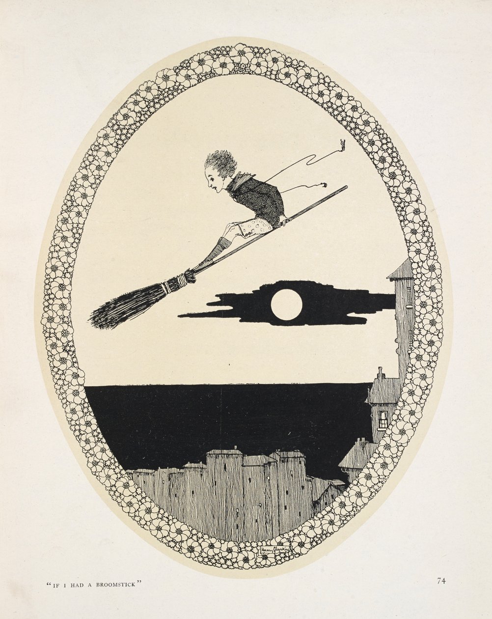 „Gdybym miał miotłę”. Ilustracja do wiersza Patricka R. Chalmersa. Chłopiec na miotle autorstwa Harry Clarke