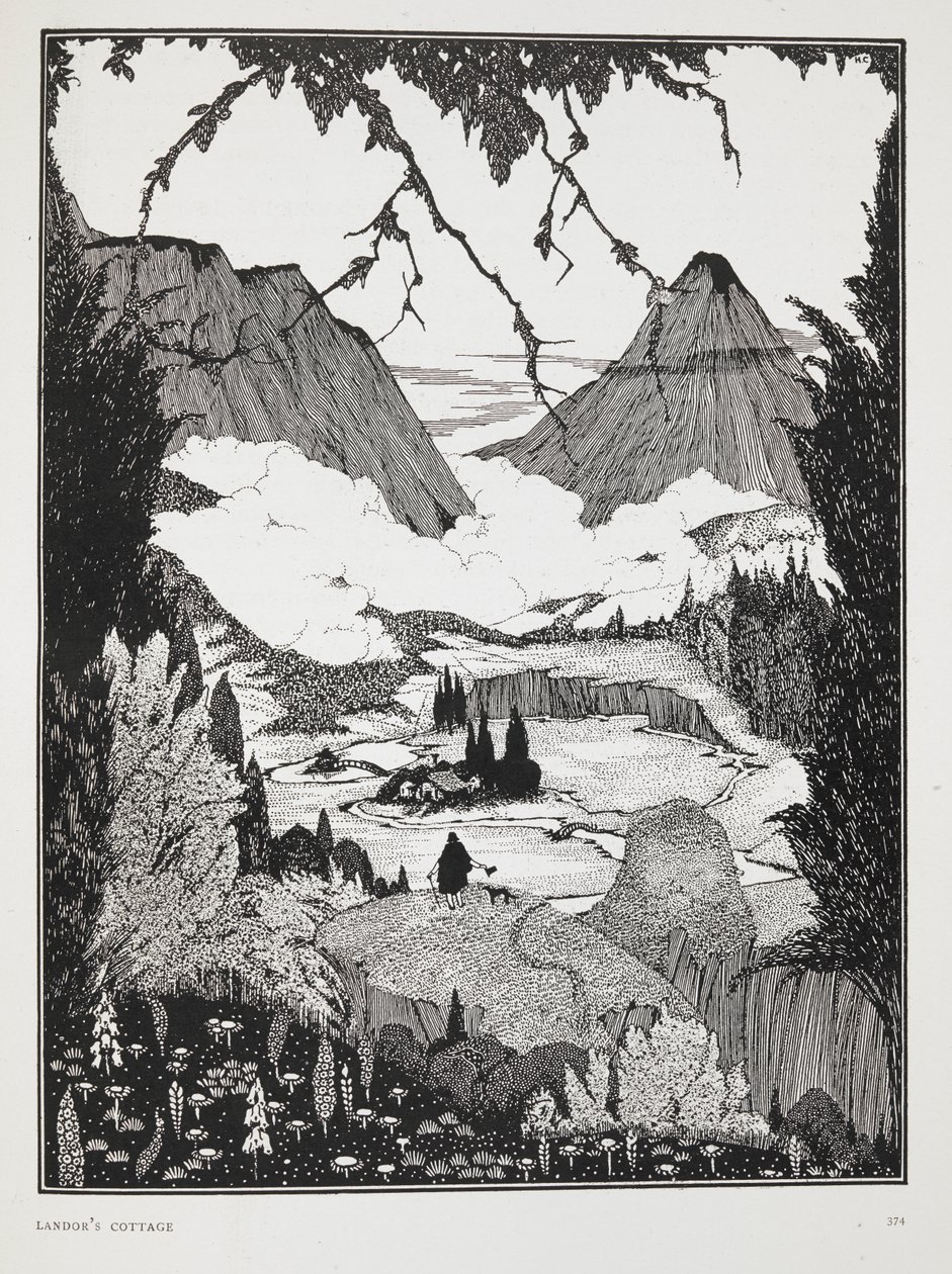 Ilustracja do opowiadania „Chata Landora”. Krajobraz górski. autorstwa Harry Clarke