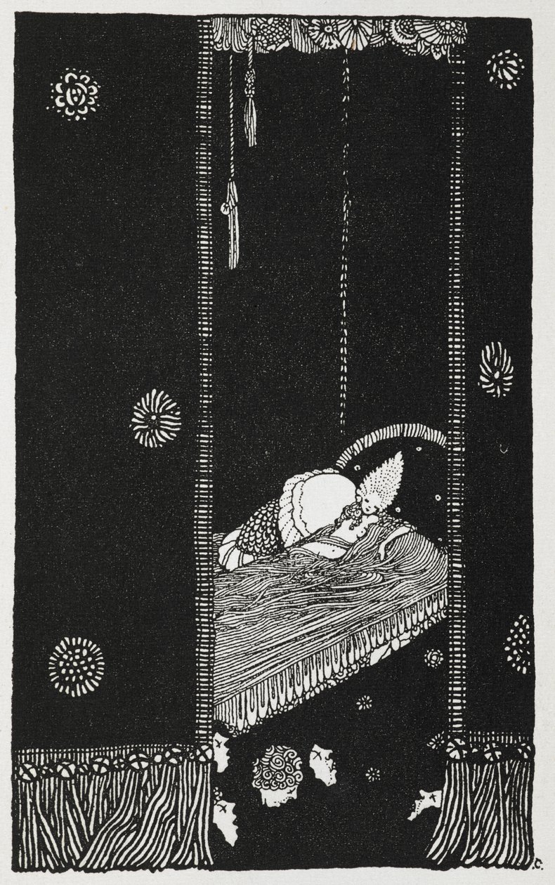 Ilustracja do opowiadania „Śpiąca królewna w lesie”. Śpiąca Królewna na swoim łóżku. autorstwa Harry Clarke