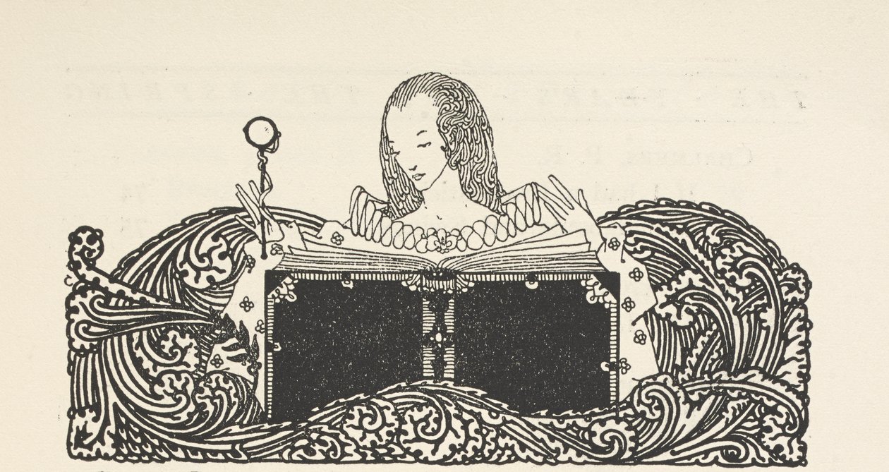 Ilustracja przedstawiająca kobietę czytającą książkę, u góry strony ze spisem treści. autorstwa Harry Clarke