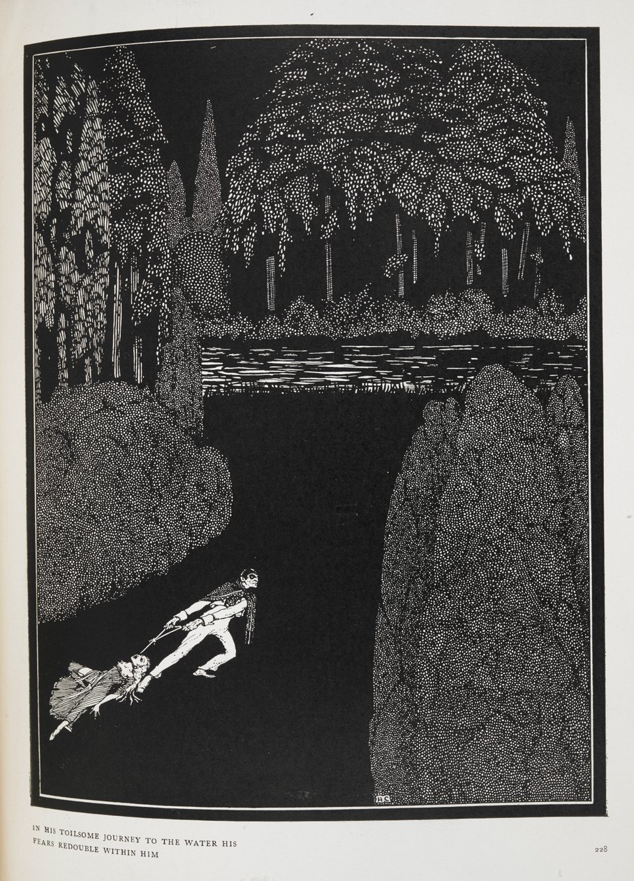 Podczas jego żmudnej podróży do wody jego lęki podwajają się wraz z nim”. Ilustracja do opowiadania „Tajemnica Marii Roget”. autorstwa Harry Clarke