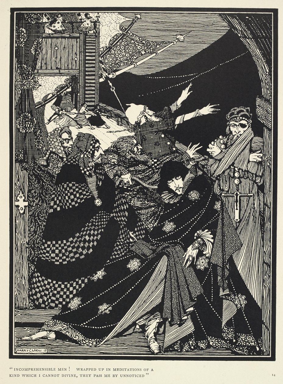 „Niezrozumiałi ludzie! Pogrążeni w medytacjach, których nie mogę odgadnąć, mijają mnie niezauważeni”. Ilustracja do opowiadania „Pani. w butelce”. autorstwa Harry Clarke