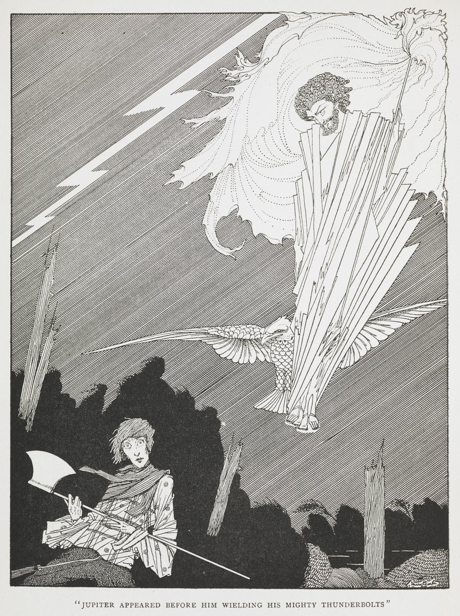 „Jowisz pojawił się przed nim, dzierżąc swoje potężne pioruny”. Ilustracja do „śmiesznych życzeń”. autorstwa Harry Clarke