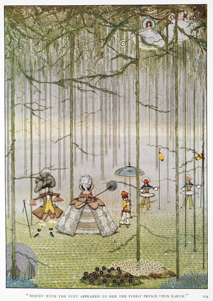 „Riquet z kępką wydawał jej się najlepszym księciem na Ziemi”. Ilustracja do opowiadania „Riquet z kępką”. Księżniczka w lesie spotykająca księcia Riqueta z kępką. autorstwa Harry Clarke