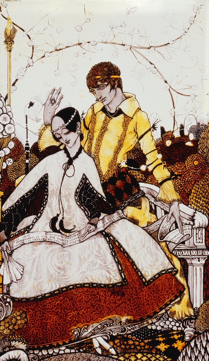 Mijamy siedem psich dni, nazywając Queens w Glenmacnass. „Królowe”, dziewięć szklanych paneli kwasowanych, bejcowanych i malowanych, Ilustruje wiersz J.M. Synge