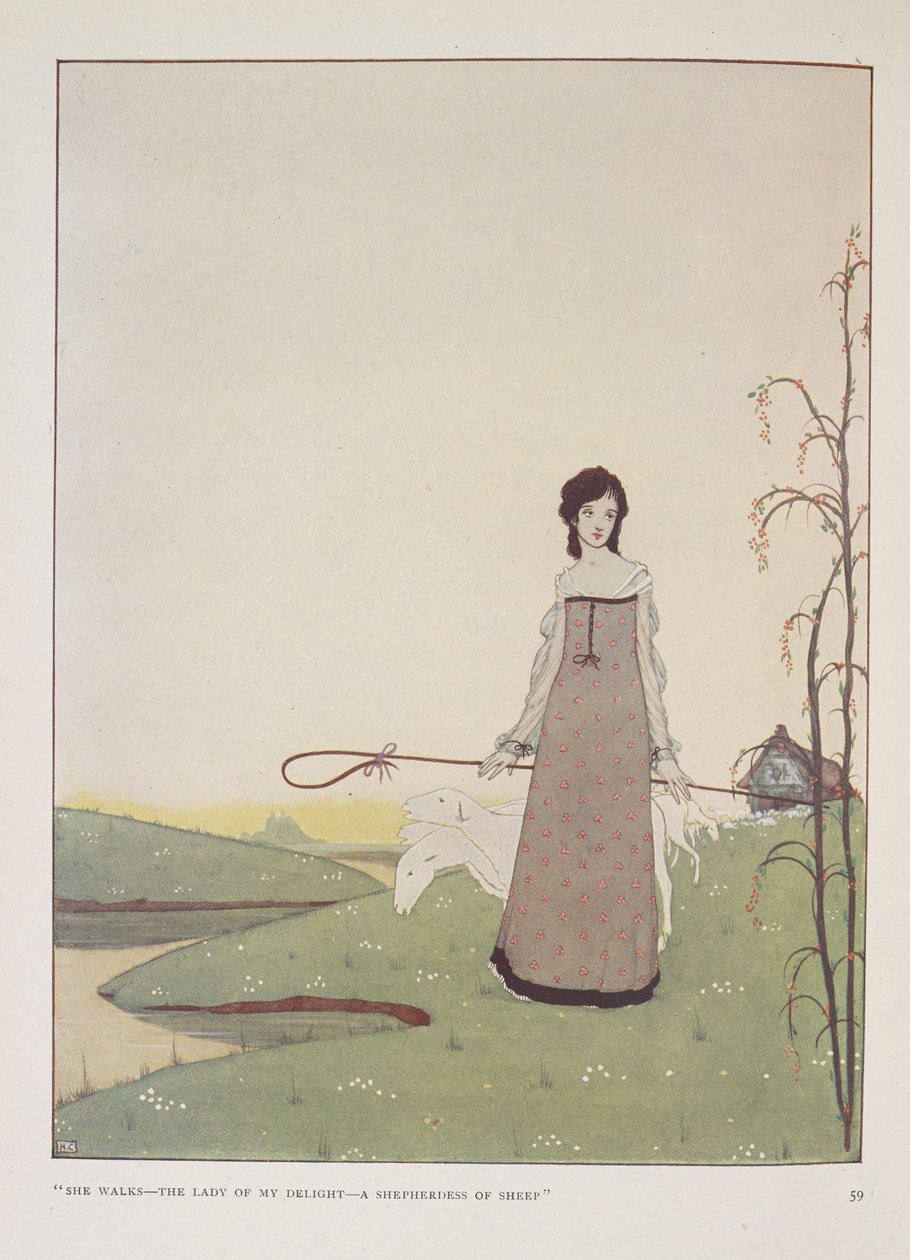 „Ona idzie – pani mojej rozkoszy – pasterka owiec”. Ilustracja do Pasterki autorstwa Alice Meynell. autorstwa Harry Clarke