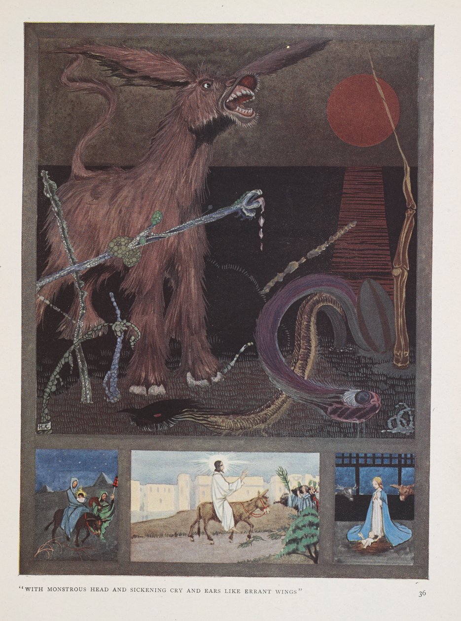 Osioł. „Z potworną głową i obrzydliwym krzykiem   a uszy jak zabłąkane skrzydła” autorstwa Harry Clarke