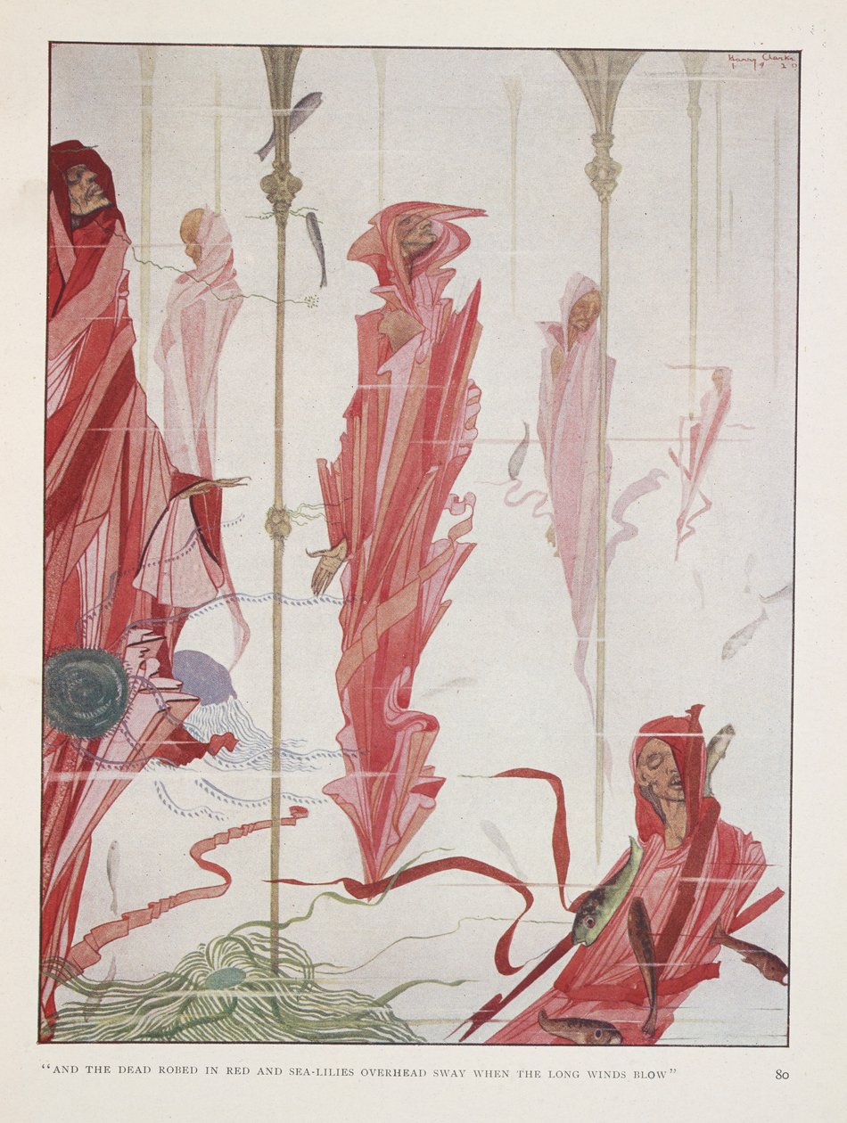 Umierający patriota. „I zmarli ubrani w czerwień, a nad nimi liliowce morskie   kołysać się, gdy wieją długie wiatry” autorstwa Harry Clarke