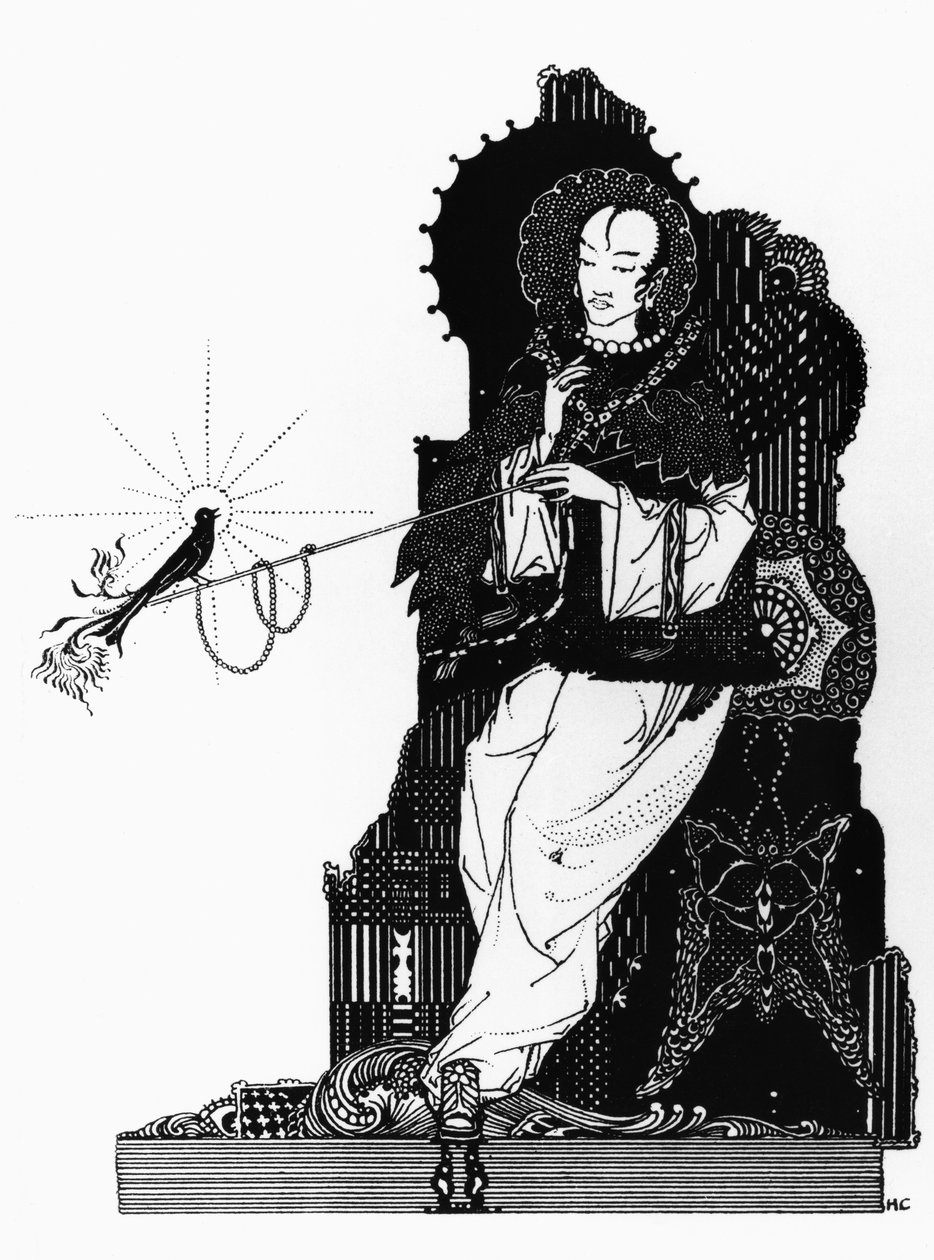 Cesarz i słowik, ilustracja do "Słowika" z Baśni Hansa Christiana Andersena (1805-75) wydanych w Londynie, przed 1914 r. autorstwa Harry Clarke