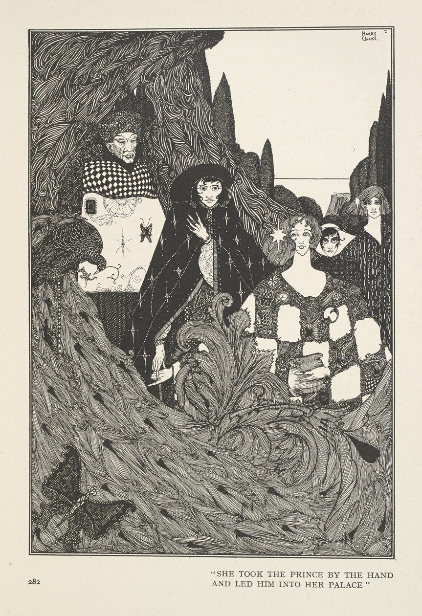 Ogród Raju. Wzięła księcia za rękę i zaprowadziła go do swojego pałacu. autorstwa Harry Clarke