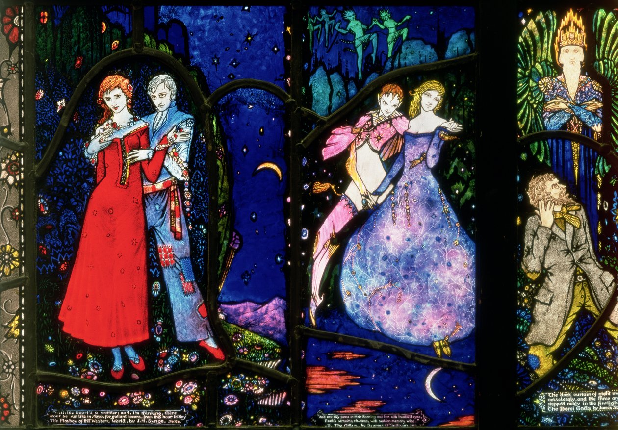 Okno genewskie przedstawiające Playboya świata zachodniego J.M. Synge, The Dreamers Seamusa OSullivana i The Demi Gods Jamesa Stephensa, 1929 autorstwa Harry Clarke