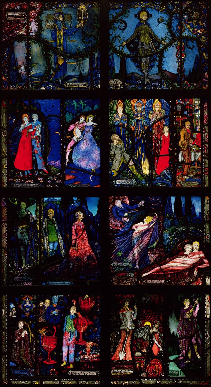 Okno Genewskie, osiem paneli przedstawiających sceny z wczesnej literatury irlandzkiej, 1929 autorstwa Harry Clarke