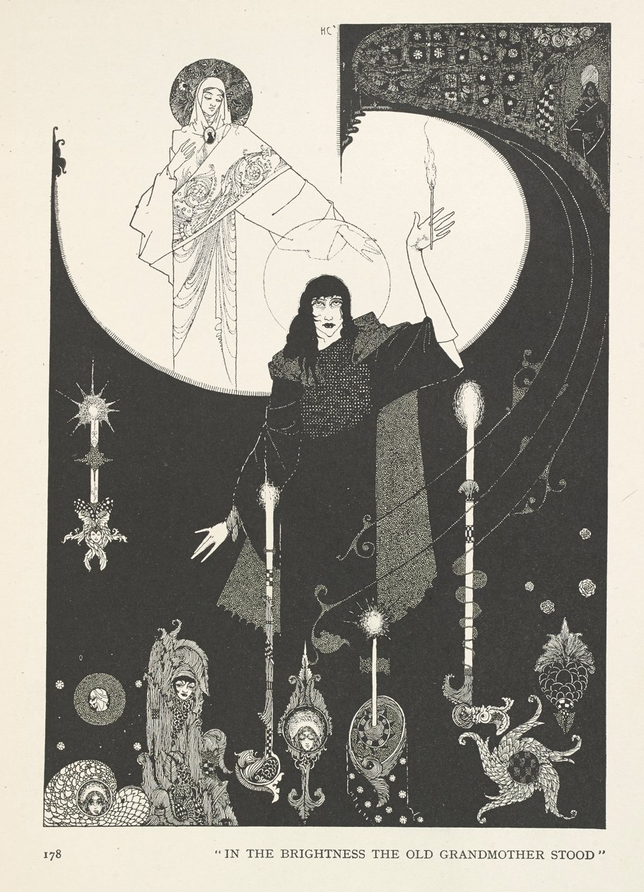 Dziewczynka z zapałkami. W jasności stała stara babcia. autorstwa Harry Clarke
