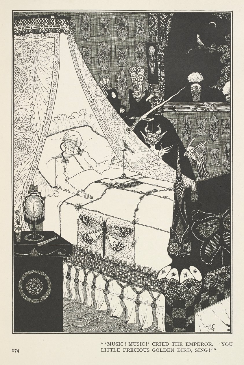 Słowik. „Muzyka! Muzyka!” zawołał cesarz. „Ty mały, cenny złoty ptaku, śpiewaj!” autorstwa Harry Clarke