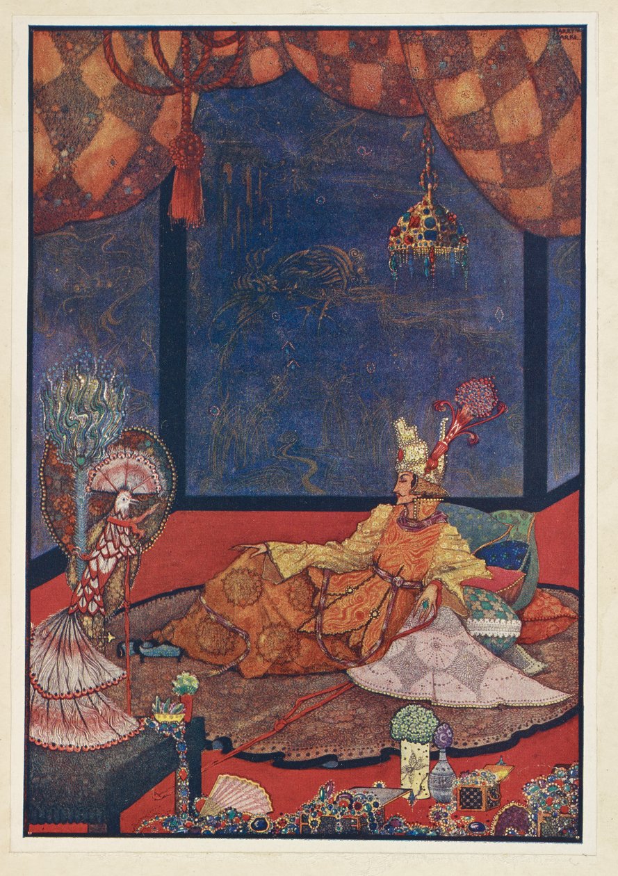Słowik. Sztuczny ptak miał swoje miejsce na jedwabnej poduszce blisko łóżka cesarza. autorstwa Harry Clarke