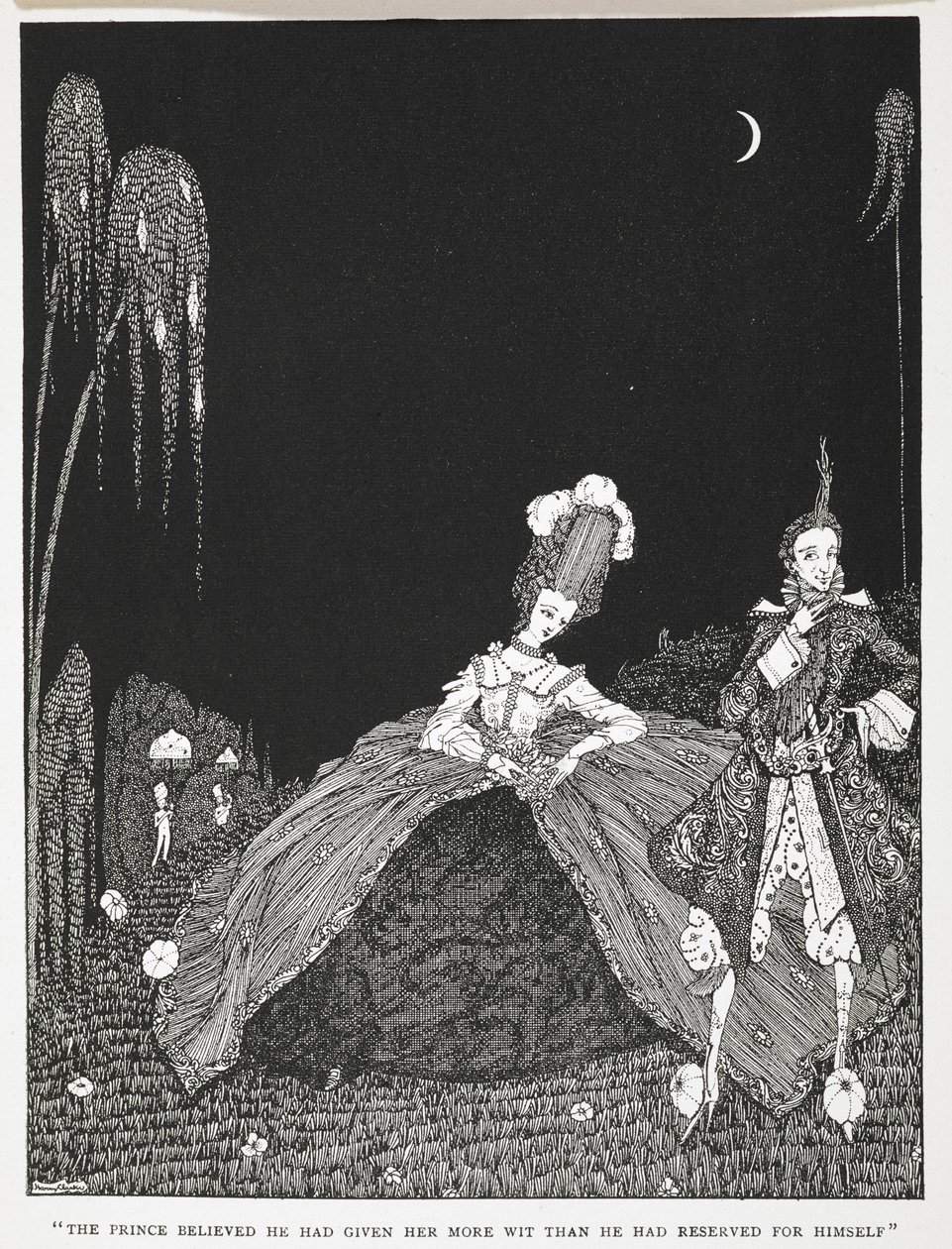 „Książę wierzył, że dał jej więcej dowcipu, niż zarezerwował dla siebie”. Ilustracja do opowiadania „Riquet z kępką”. autorstwa Harry Clarke