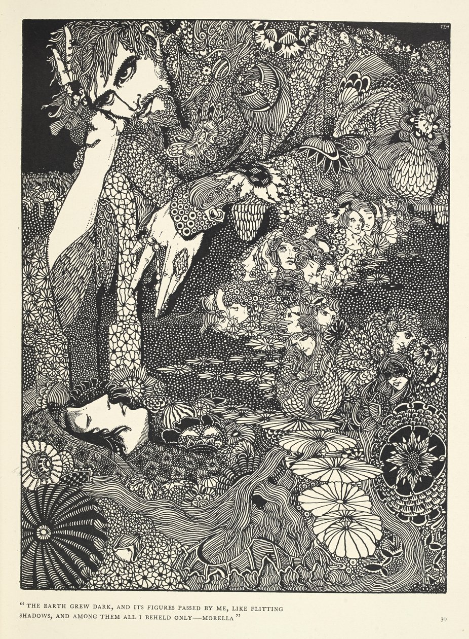 „Ziemia pociemniała, a jej postacie mijały mnie jak przelatujące cienie... Morella.” Ilustracja do opowiadania „Morella”. autorstwa Harry Clarke