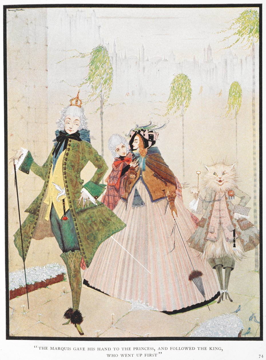„Margrabia podał rękę książętom i poszedł za królem, który wszedł pierwszy”. Ilustracja do opowiadania „Władca kotów lub kot w butach”. autorstwa Harry Clarke