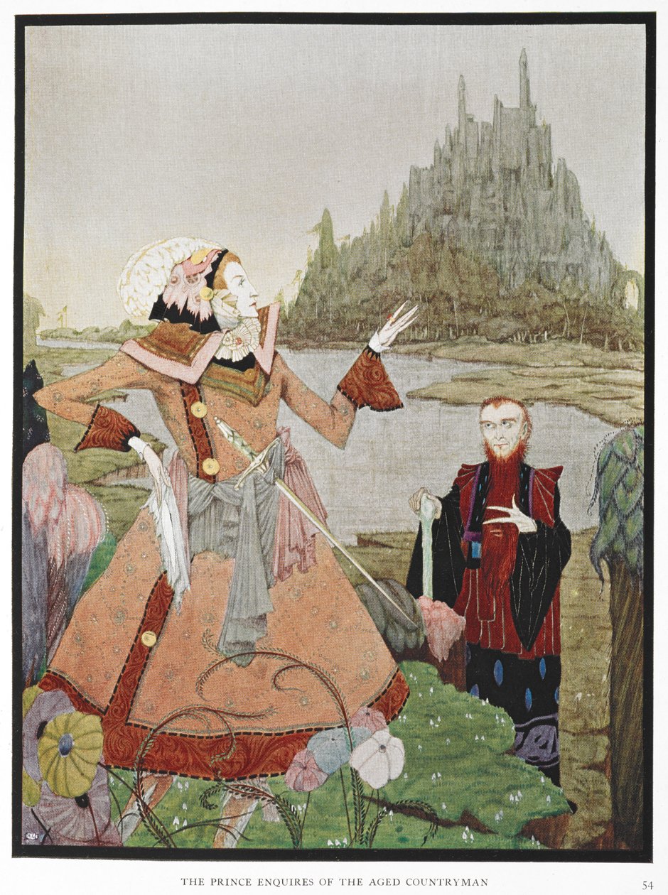 „Książę pyta starszego rodaka”. Ilustracja do opowiadania „Śpiąca królewna”. autorstwa Harry Clarke