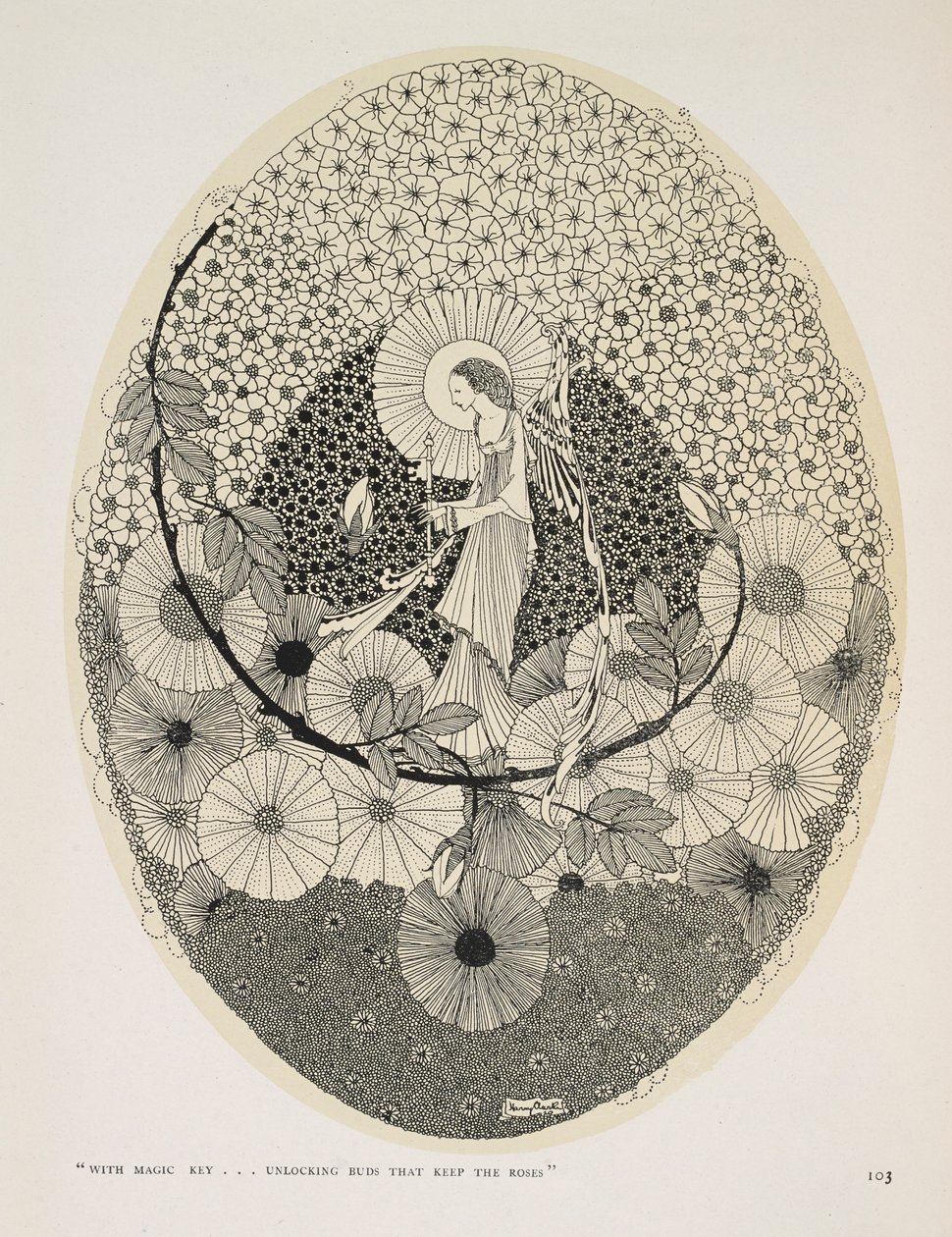Do Nadchodzącej Wiosny. „Za pomocą magicznego klucza… otwieranie pąków, które zatrzymują róże”. autorstwa Harry Clarke