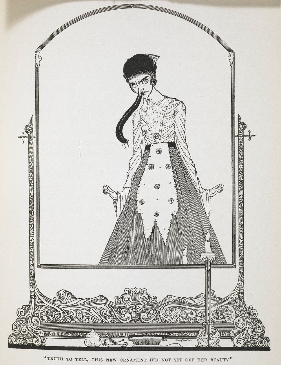„Prawdę mówiąc, ta nowa ozdoba nie podkreśliła jej urody”. Ilustracja do opowiadania „Śmieszne życzenia”. autorstwa Harry Clarke