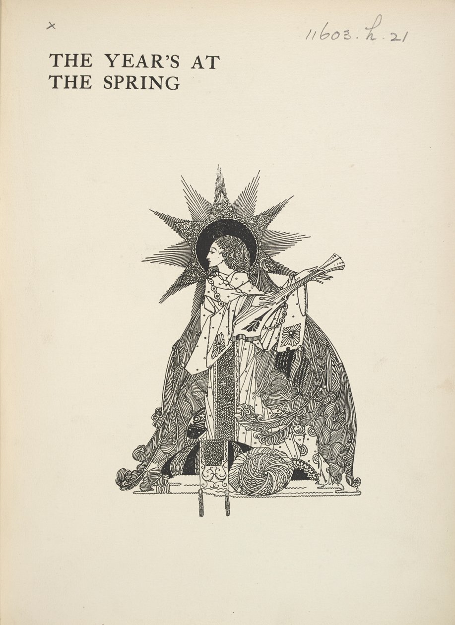 Ilustracja bez tytułu. Kobieta grająca na instrumencie muzycznym. autorstwa Harry Clarke