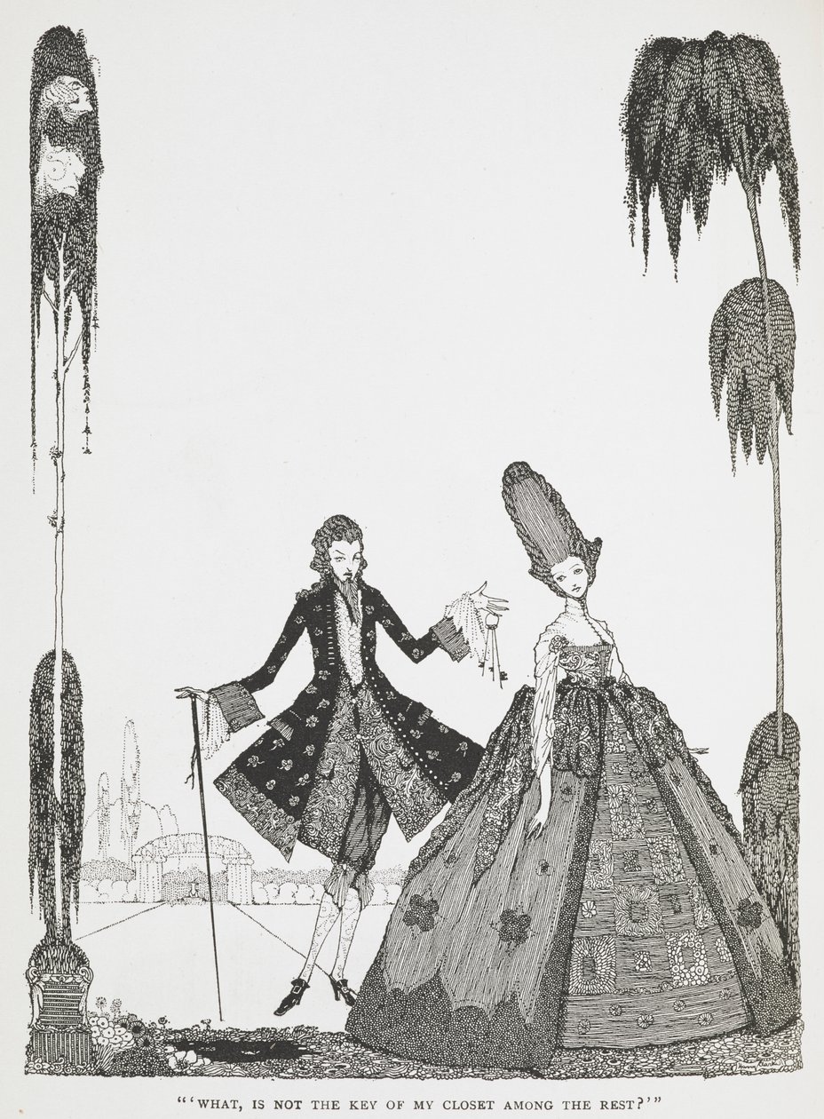 „Co, czy klucz do mojej szafy nie jest wśród innych?” Ilustracja do opowiadania „Niebieska broda”. autorstwa Harry Clarke