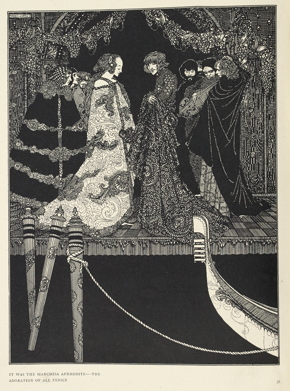 „to była Marchesa Afrodyta - uwielbienie całej Wenecji”. Ilustracja do opowiadania „Przypisanie”. autorstwa Harry Clarke