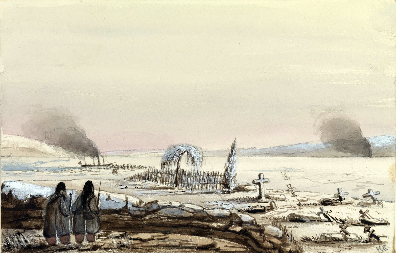 Cmentarz w Kinburn (Ukraina, Rosja) 1855 r. HMS Tribune odcinający zamarznięte wody Dniepru. Obraz wiceadmirała Harry