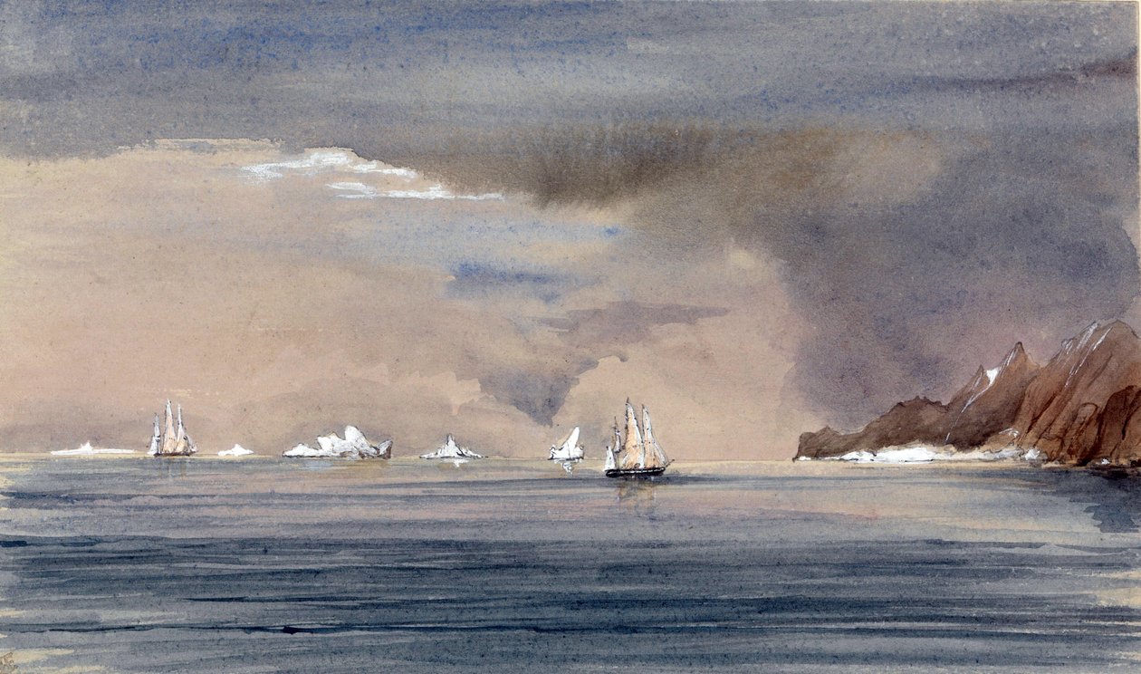 Góry lodowe u Przylądka Horn (Chile) z sylwetką HMS Tribune. Obraz wiceadmirała Harry