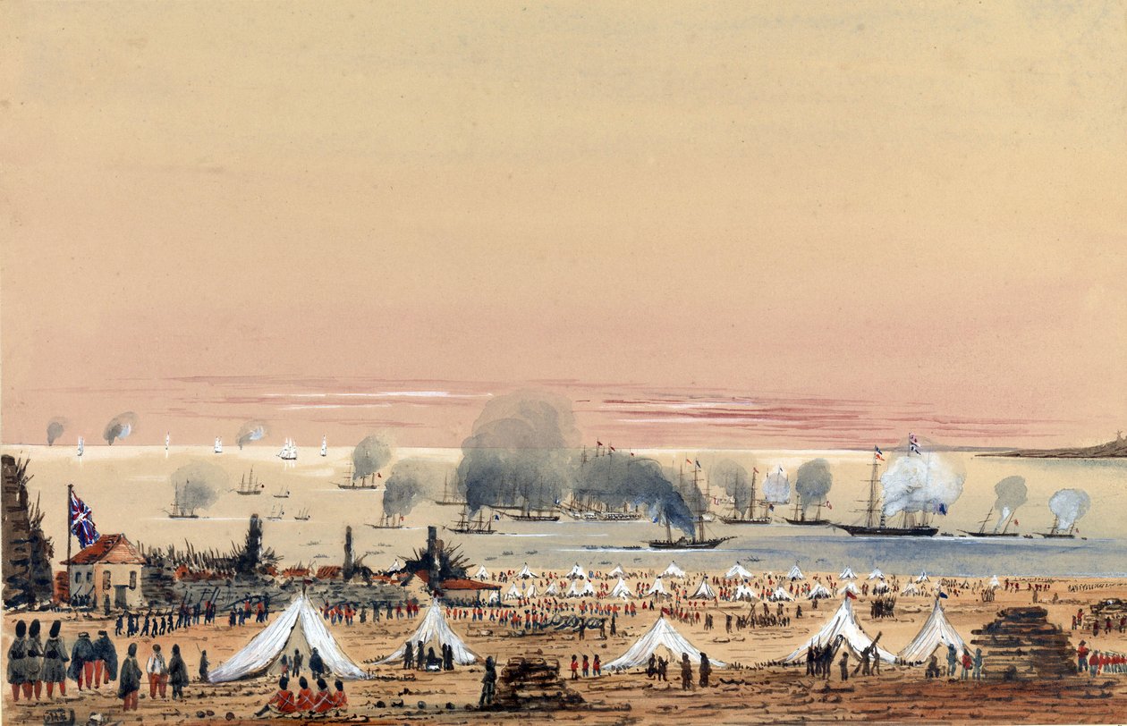 Lądowanie w Kinburn (Ukraina, Rosja) w październiku 1855 r., brytyjski obóz wojskowy na brzegu, z flotą zakotwiczoną na morzu, w tym HMS Tribune. autorstwa Harry Edmond Edgell
