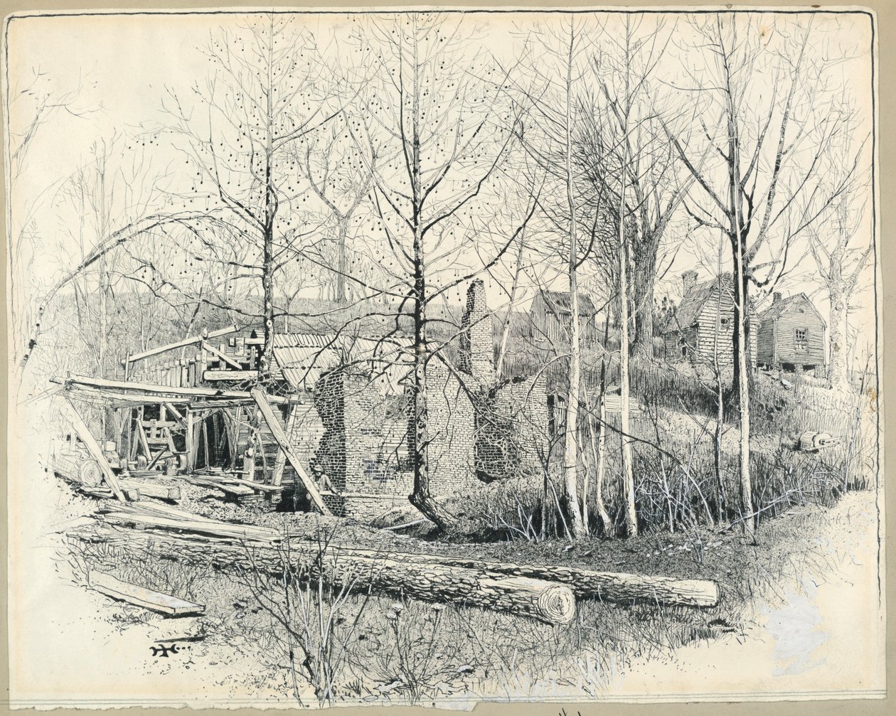 Rysunek, obecny aspekt młyna Gainesa, patrząc na wschód, 1885 r. autorstwa Harry Fenn