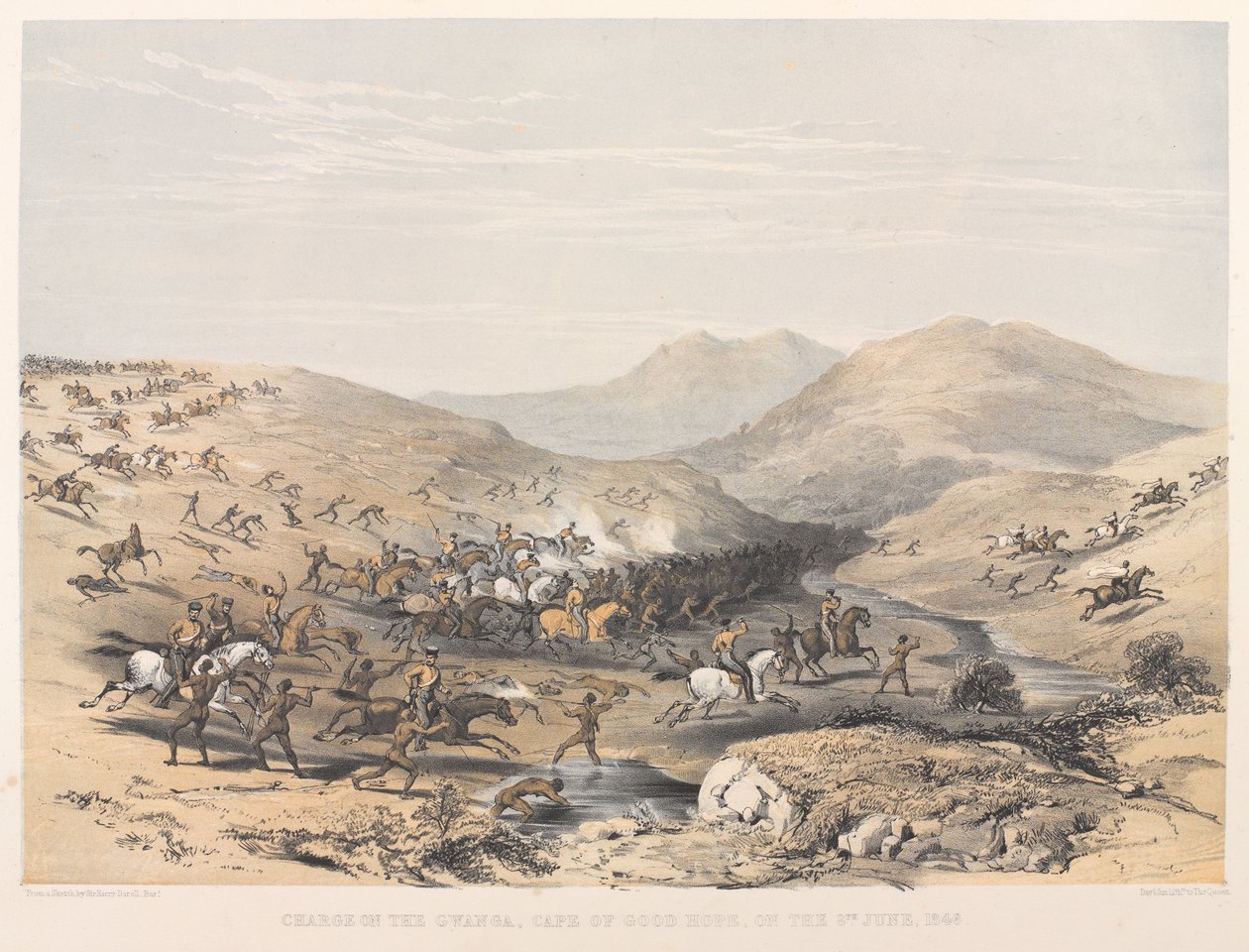 Szarża na Gwangę, Przylądek Dobrej Nadziei, 8 czerwca 1846 r. (kolorowa litografia) autorstwa Harry Francis Darell