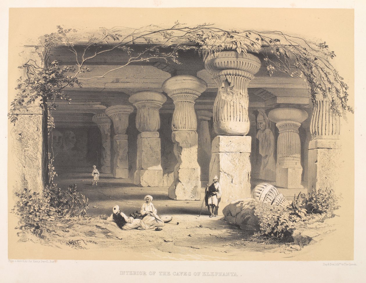Wnętrze jaskiń Elephanta (kolorowa litografia) autorstwa Harry Francis Darell