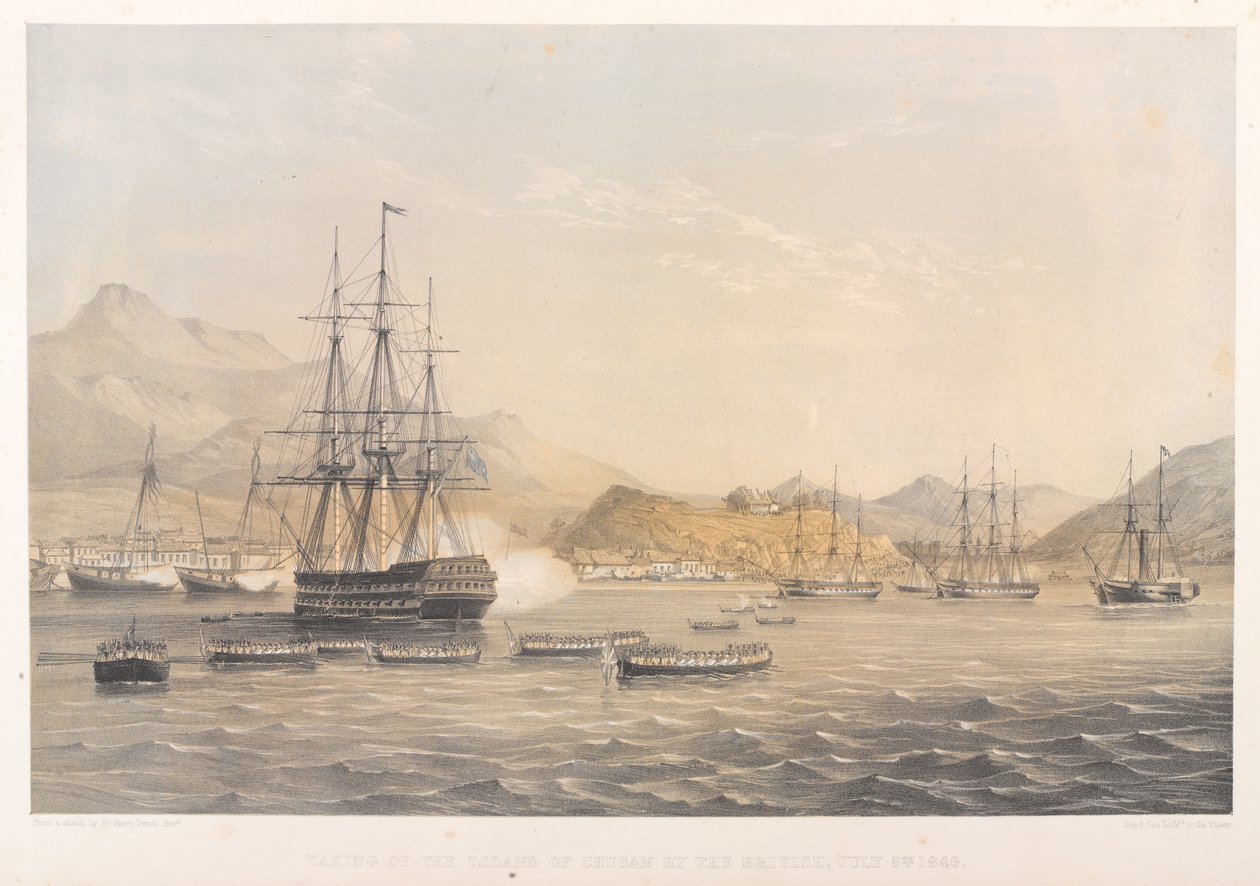 Zajęcie wyspy Chusan przez Brytyjczyków, 5 lipca 1840 r. (kolorowa litografia) autorstwa Harry Francis Darell