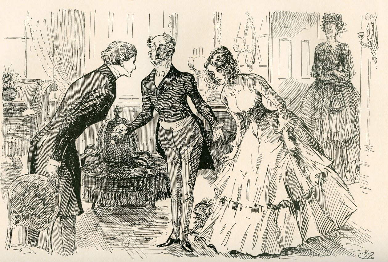 David spotyka Dorę i pannę Murdstone. „Pan Copperfield, moja córka Dora i poufna przyjaciółka mojej córki Dory, panna Murdstone!”. Ilustracja Harry